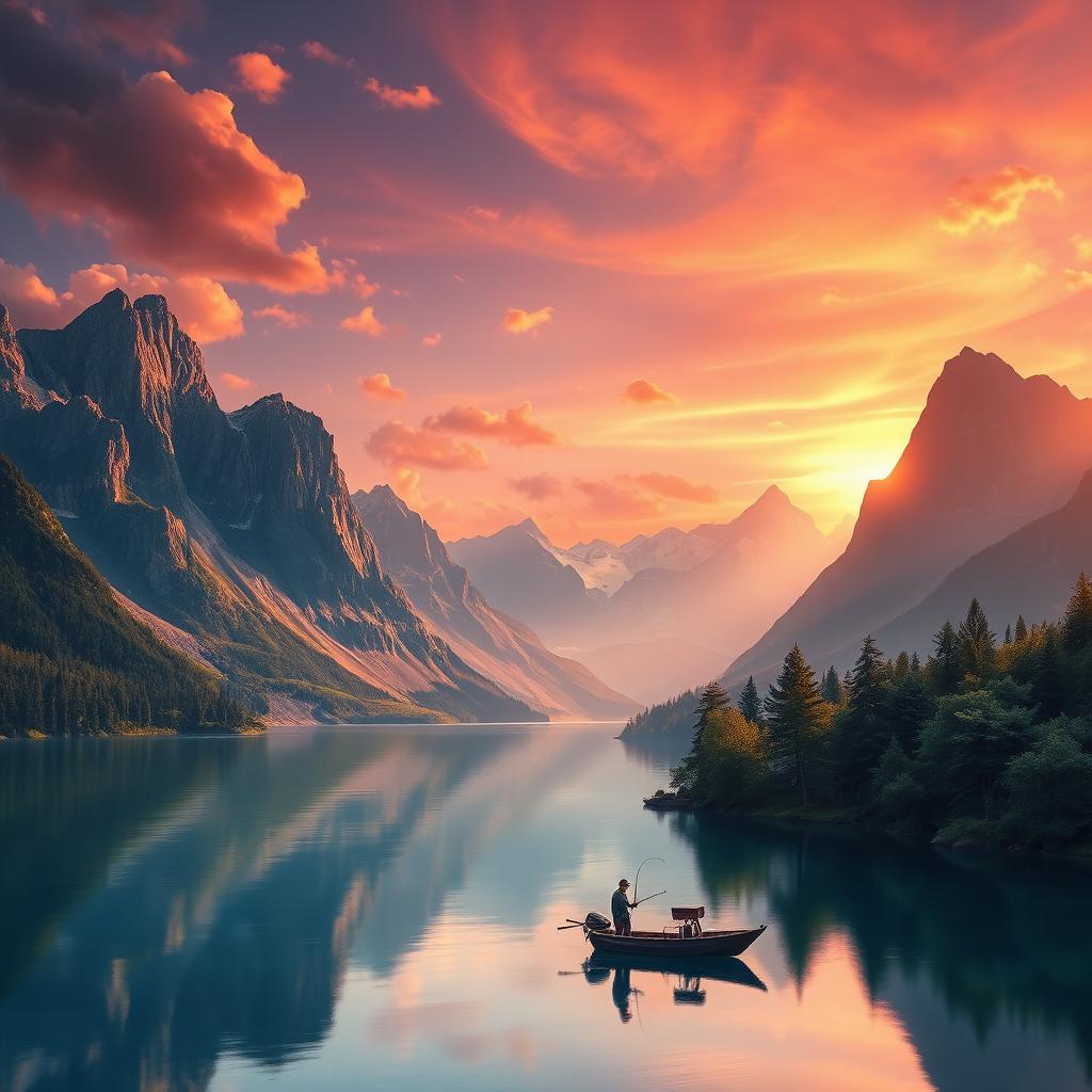 A stunning, ultra-detailed fantasy landscape featuring a serene lake surrounded by towering mountains at sunset