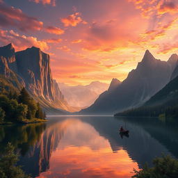 A stunning, ultra-detailed fantasy landscape featuring a serene lake surrounded by towering mountains at sunset