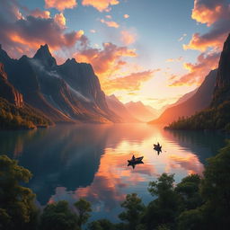 A stunning, ultra-detailed fantasy landscape featuring a serene lake surrounded by towering mountains at sunset