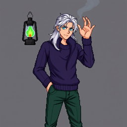 A pixel art graphic featuring a solo male detective character