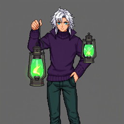 A pixel art graphic featuring a solo male detective character