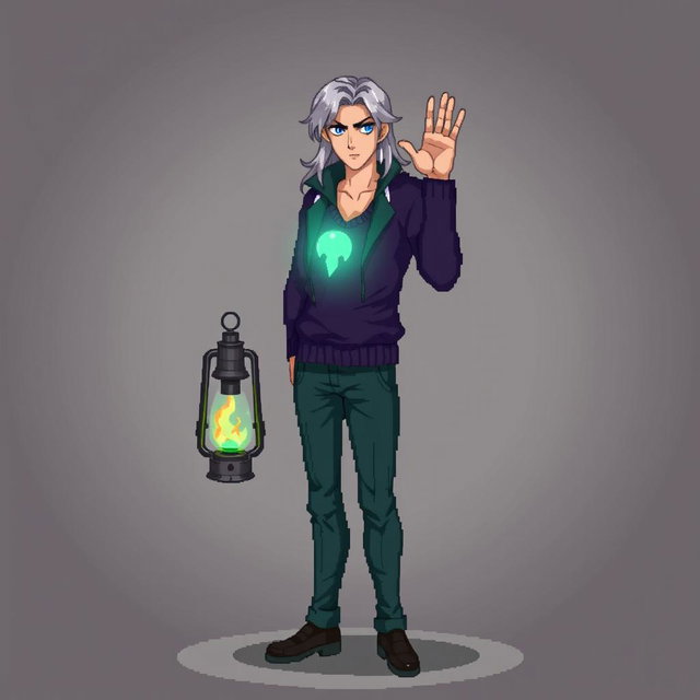 A pixel art graphic featuring a solo male detective character