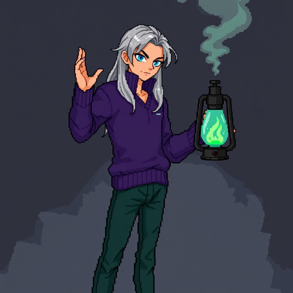 A pixel art graphic featuring a solo male detective character