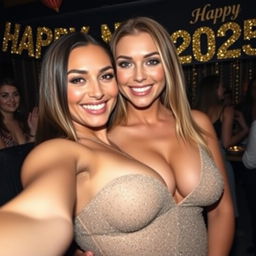 A close-up selfie of a lesbian couple at a New Year's Eve party, featuring a glamorous step-mother with massive breasts and her step-daughter, who also has impressive cleavage