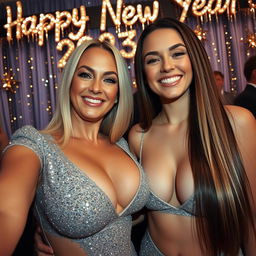 A close-up selfie of a lesbian couple at a New Year's Eve party, featuring a glamorous step-mother with massive breasts and her step-daughter, who also has impressive cleavage