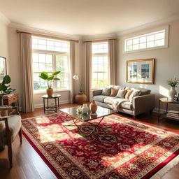 A beautifully decorated living room featuring a cozy sofa, a stylish coffee table, and elegant decor items