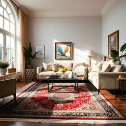 A beautifully decorated living room featuring a cozy sofa, a stylish coffee table, and elegant decor items