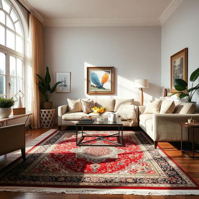 A beautifully decorated living room featuring a cozy sofa, a stylish coffee table, and elegant decor items
