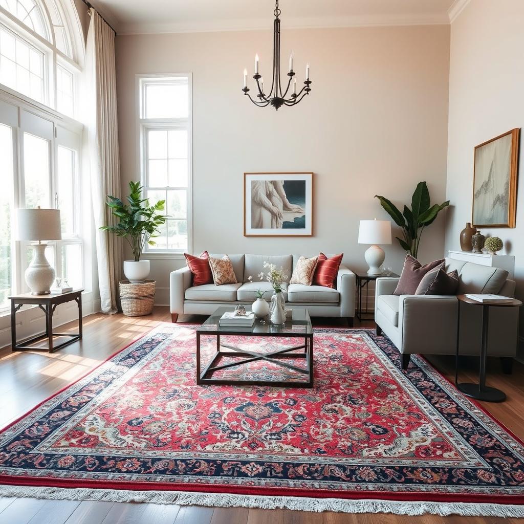 A beautifully decorated living room featuring a cozy sofa, a stylish coffee table, and elegant decor items