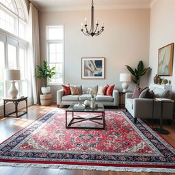 A beautifully decorated living room featuring a cozy sofa, a stylish coffee table, and elegant decor items