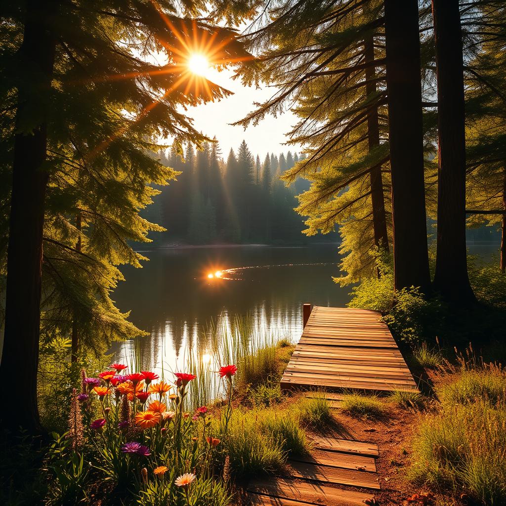 A beautifully lit, upscale image of a tranquil forest scene at sunset