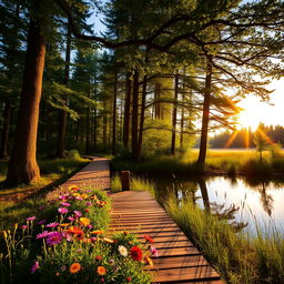 A beautifully lit, upscale image of a tranquil forest scene at sunset