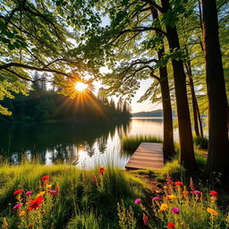A beautifully lit, upscale image of a tranquil forest scene at sunset