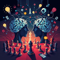 A dynamic and thought-provoking illustration of cognitive warfare, depicting the clash of ideas and strategies in a visually engaging way