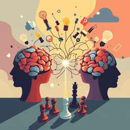 A dynamic and thought-provoking illustration of cognitive warfare, depicting the clash of ideas and strategies in a visually engaging way