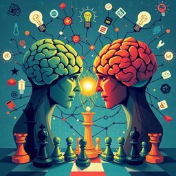 A dynamic and thought-provoking illustration of cognitive warfare, depicting the clash of ideas and strategies in a visually engaging way