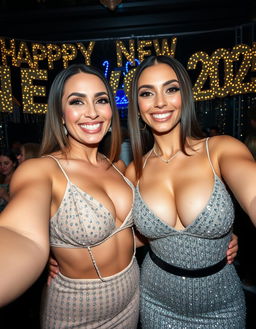 A joyful selfie of a glamorous lesbian couple featuring a step-mother with massive breasts and her step-daughter, both displaying deep cleavage in a dazzling party atmosphere