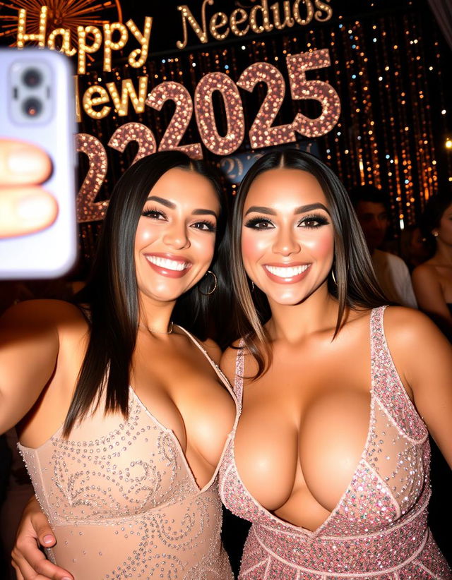 A joyful selfie of a glamorous lesbian couple featuring a step-mother with massive breasts and her step-daughter, both displaying deep cleavage in a dazzling party atmosphere