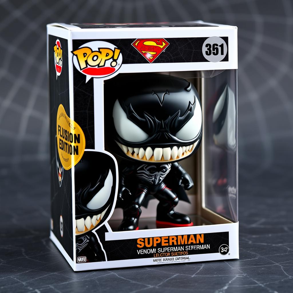 A detailed design of a Venomised Superman Funko Pop figure, showcasing a dark and symbiote-inspired style
