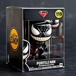 A detailed design of a Venomised Superman Funko Pop figure, showcasing a dark and symbiote-inspired style