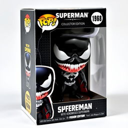 A detailed design of a Venomised Superman Funko Pop figure, showcasing a dark and symbiote-inspired style