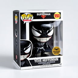 A detailed design of a Venomised Superman Funko Pop figure, showcasing a dark and symbiote-inspired style