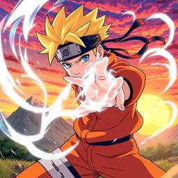 A dynamic illustration of Naruto Uzumaki, in his iconic orange jumpsuit and headband, performing a powerful jutsu