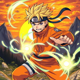A dynamic illustration of Naruto Uzumaki, in his iconic orange jumpsuit and headband, performing a powerful jutsu