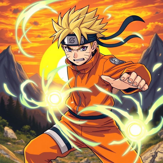 A dynamic illustration of Naruto Uzumaki, in his iconic orange jumpsuit and headband, performing a powerful jutsu