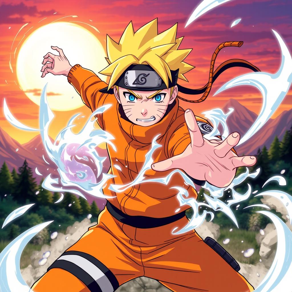 A dynamic illustration of Naruto Uzumaki, in his iconic orange jumpsuit and headband, performing a powerful jutsu