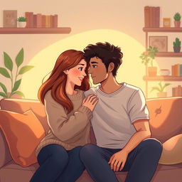 A touching illustration of a couple, a man and woman, sitting closely together on a couch, sharing a deep emotional connection