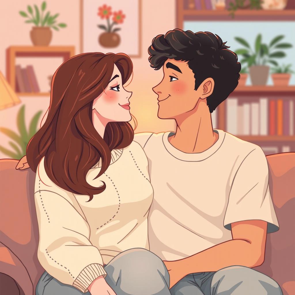 A touching illustration of a couple, a man and woman, sitting closely together on a couch, sharing a deep emotional connection