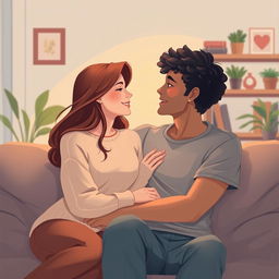 A touching illustration of a couple, a man and woman, sitting closely together on a couch, sharing a deep emotional connection