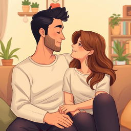 A touching illustration of a couple, a man and woman, sitting closely together on a couch, sharing a deep emotional connection