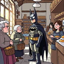 A whimsical scene of Batman, dressed in his iconic black suit and cape, standing in line at a traditional bakery