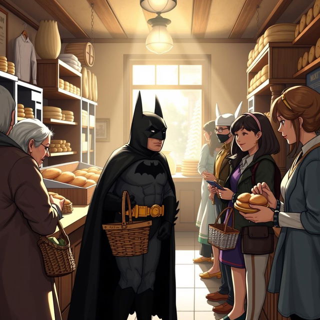 A whimsical scene of Batman, dressed in his iconic black suit and cape, standing in line at a traditional bakery