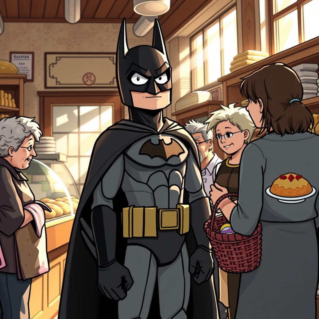 A whimsical scene of Batman, dressed in his iconic black suit and cape, standing in line at a traditional bakery