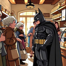 A whimsical scene of Batman, dressed in his iconic black suit and cape, standing in line at a traditional bakery