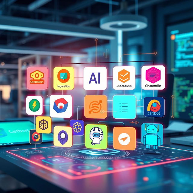 A colorful composition of various AI tools displayed on a digital interface, showcasing their logos and functionalities