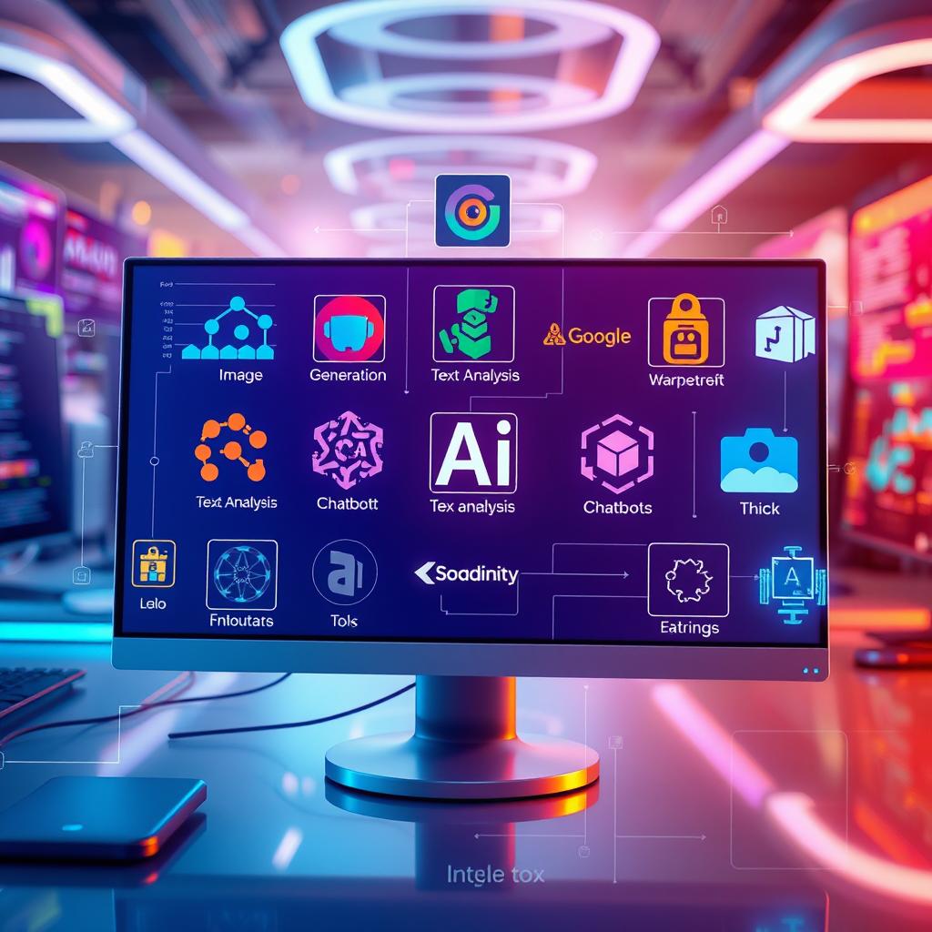 A colorful composition of various AI tools displayed on a digital interface, showcasing their logos and functionalities