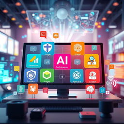 A colorful composition of various AI tools displayed on a digital interface, showcasing their logos and functionalities