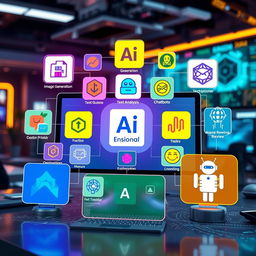 A colorful composition of various AI tools displayed on a digital interface, showcasing their logos and functionalities