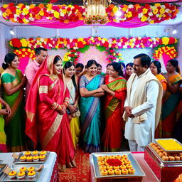 A vibrant scene capturing a traditional Bangladeshi wedding celebration, featuring a beautifully decorated wedding venue with colorful floral arrangements and intricate backdrop designs
