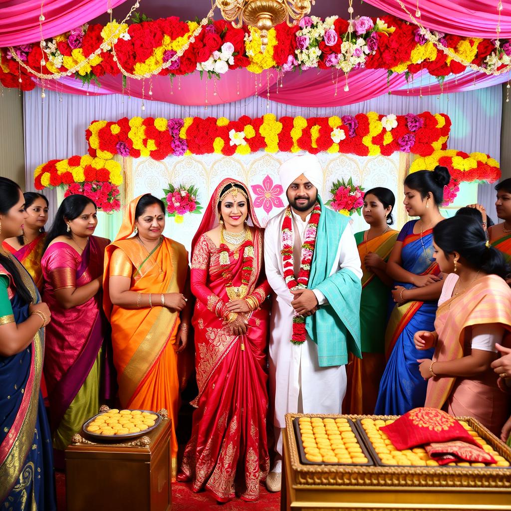 A vibrant scene capturing a traditional Bangladeshi wedding celebration, featuring a beautifully decorated wedding venue with colorful floral arrangements and intricate backdrop designs