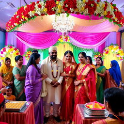 A vibrant scene capturing a traditional Bangladeshi wedding celebration, featuring a beautifully decorated wedding venue with colorful floral arrangements and intricate backdrop designs