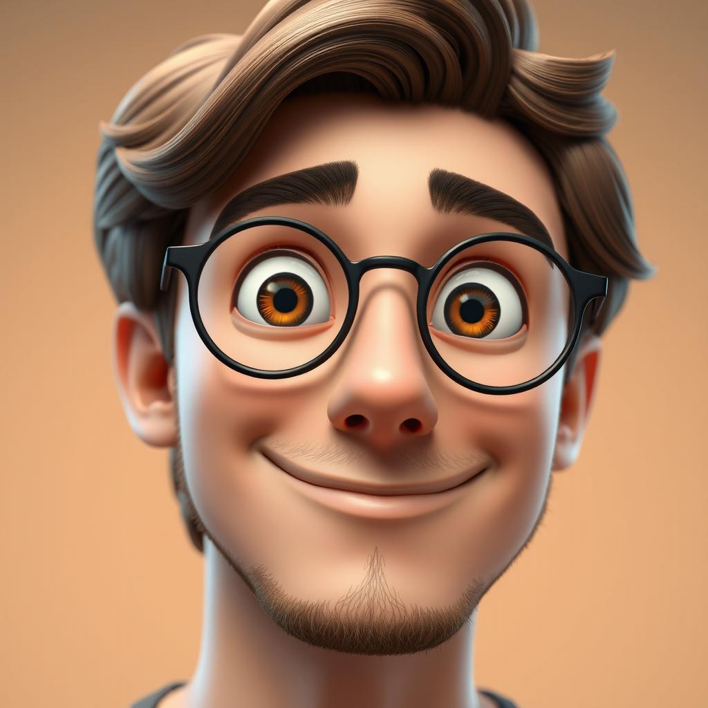 A close-up 3D portrait in modern Pixar animation style, focusing on the face and shoulders of a young man