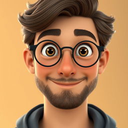 A close-up 3D portrait in modern Pixar animation style, focusing on the face and shoulders of a young man