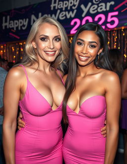 A close-up shot of two loving women, highlighting a passionate lesbian couple at a festive party