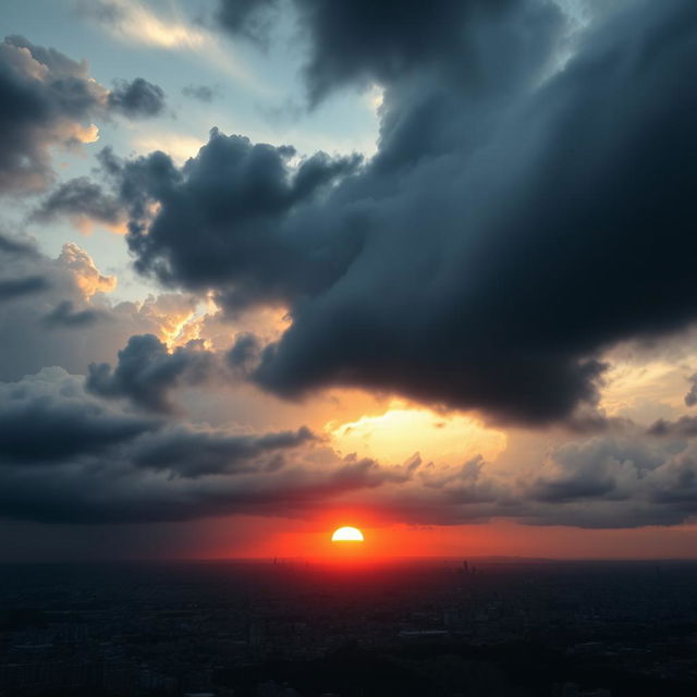 A dramatic scene depicting a stunning sunrise over a sprawling city skyline