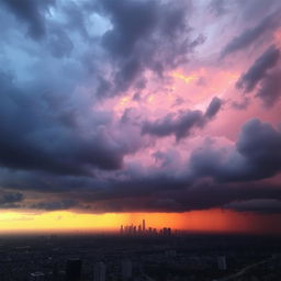 A dramatic scene depicting a stunning sunrise over a sprawling city skyline